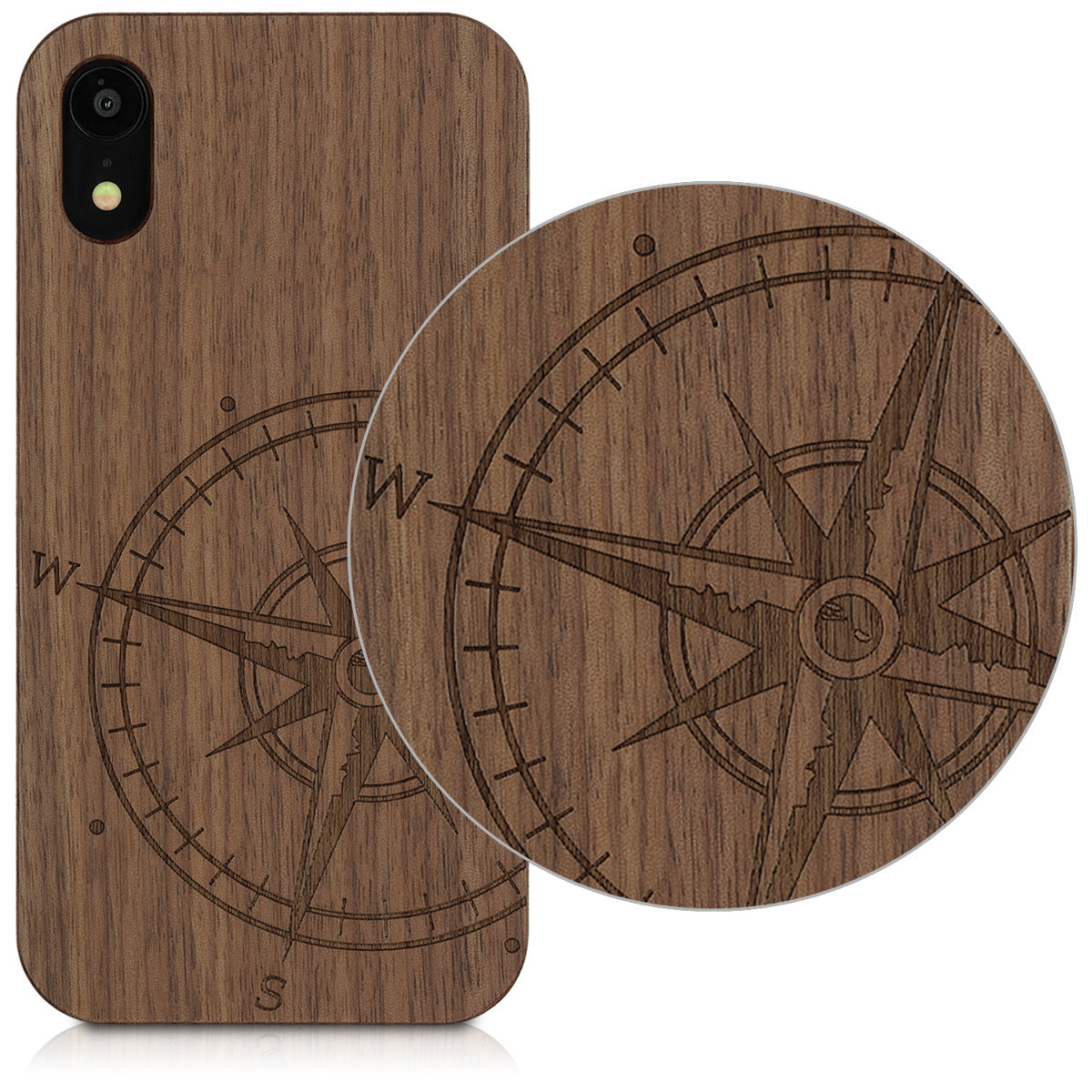 Wooden Hard Case with TPU Bumper for Apple iPhone XR Compass Vintage