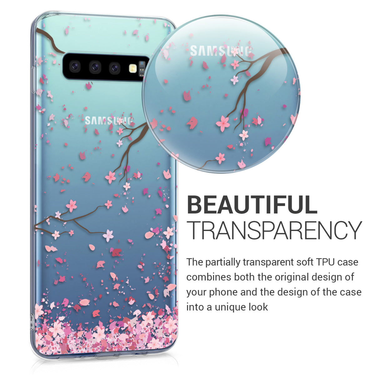 kwmobile Case Compatible with Samsung Galaxy S10 - Silicone Cover Transparent Cherry Blossom Petals