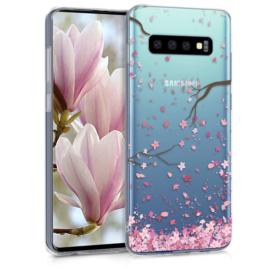 kwmobile Case Compatible with Samsung Galaxy S10 - Silicone Cover Transparent Cherry Blossom Petals