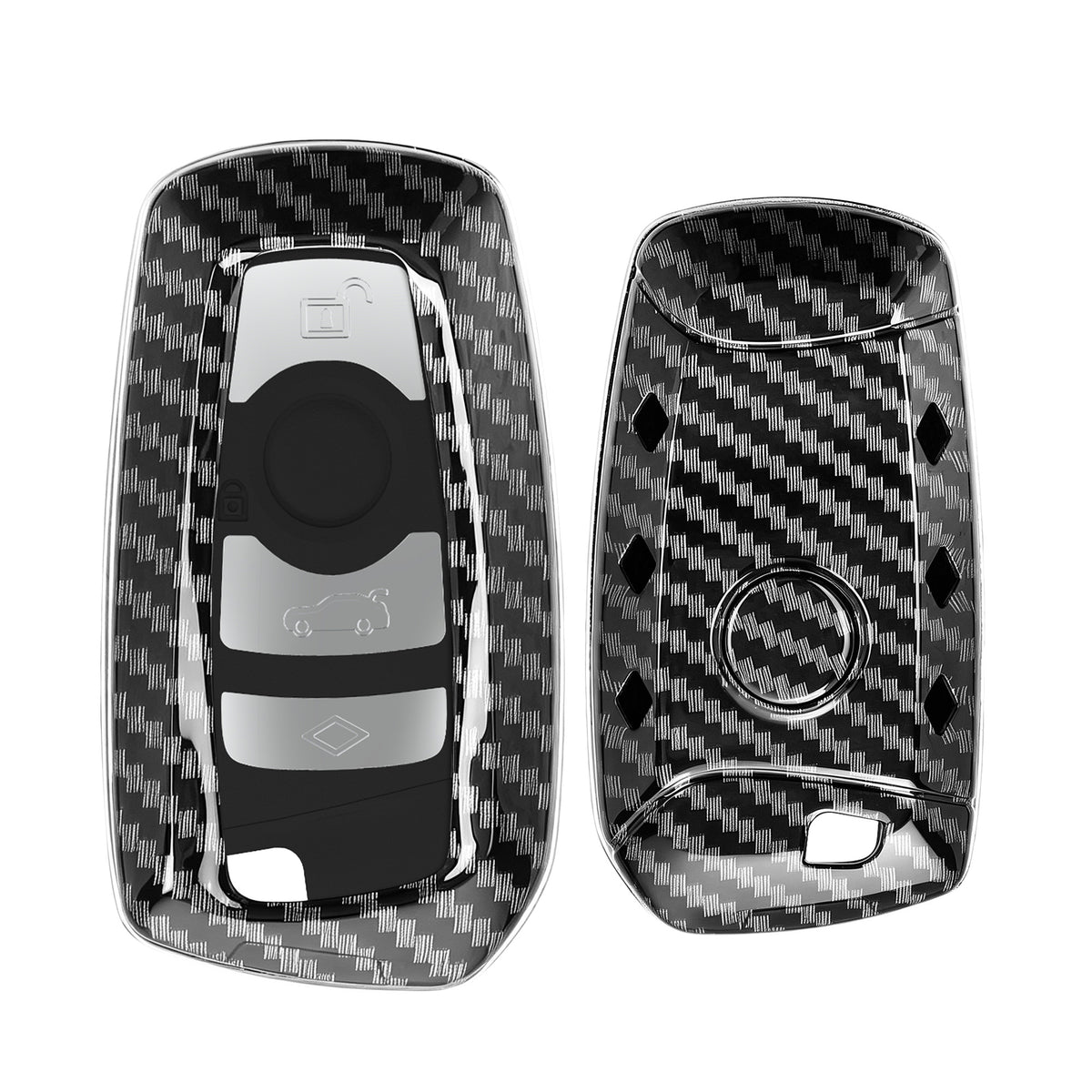 BMW 3-Button Remote (Keyless Go only) Hardcover Car Key Cover Black and Silver Carbon
