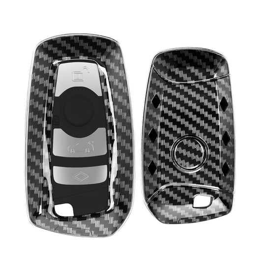BMW 3-Button Remote (Keyless Go only) Hardcover Car Key Cover Black and Silver Carbon