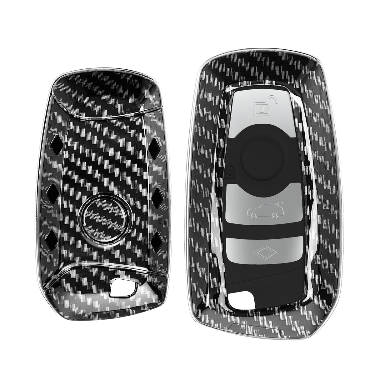 BMW 3-Button Remote (Keyless Go only) Hardcover Car Key Cover Black and Silver Carbon