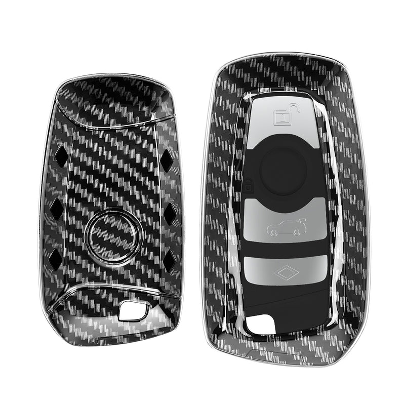 BMW 3-Button Remote (Keyless Go only) Hardcover Car Key Cover Black and Silver Carbon