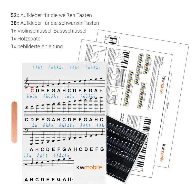 kwmobile Klavier Keyboard Noten Aufkleber - für 49 61 76 88 Tasten Instrumente - Vinyl Piano Sticker für weiße