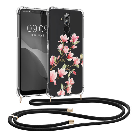 kwmobile Necklace Case Compatible with Huawei Mate 20 Lite Cover Silicone Case with Lanyard Transparent Magnolias
