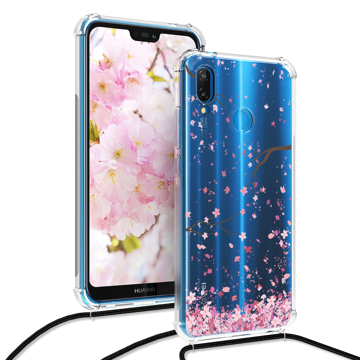 kwmobile Necklace Case compatible with Huawei P20 Lite Silicone Cover with Phone Chain Cherry Blossom Petals