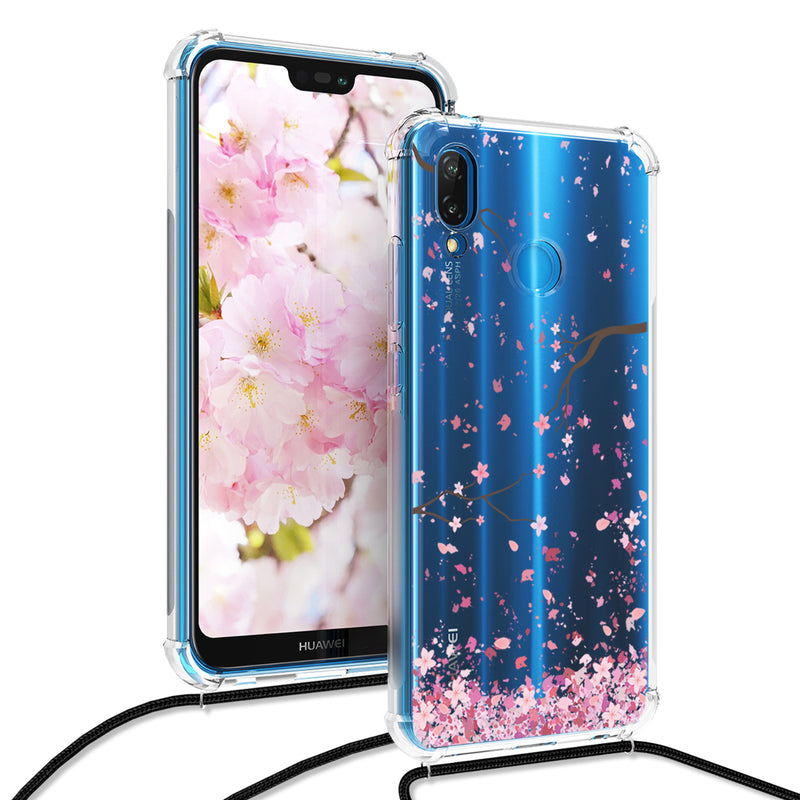kwmobile Necklace Case compatible with Huawei P20 Lite Silicone Cover with Phone Chain Cherry Blossom Petals