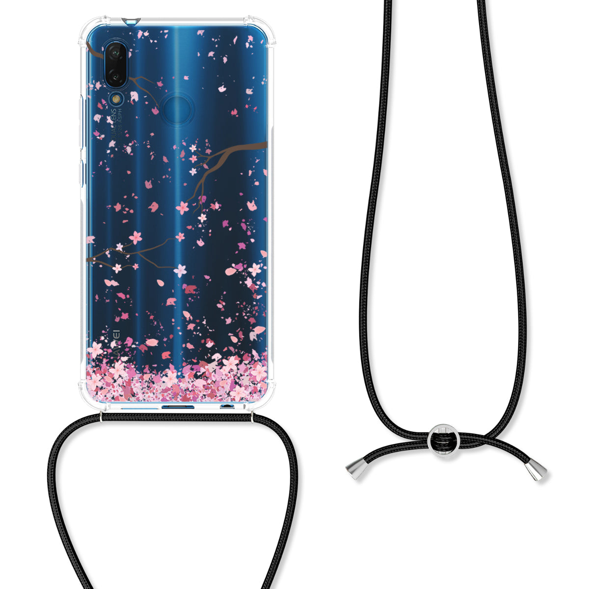 kwmobile Necklace Case compatible with Huawei P20 Lite Silicone Cover with Phone Chain Cherry Blossom Petals
