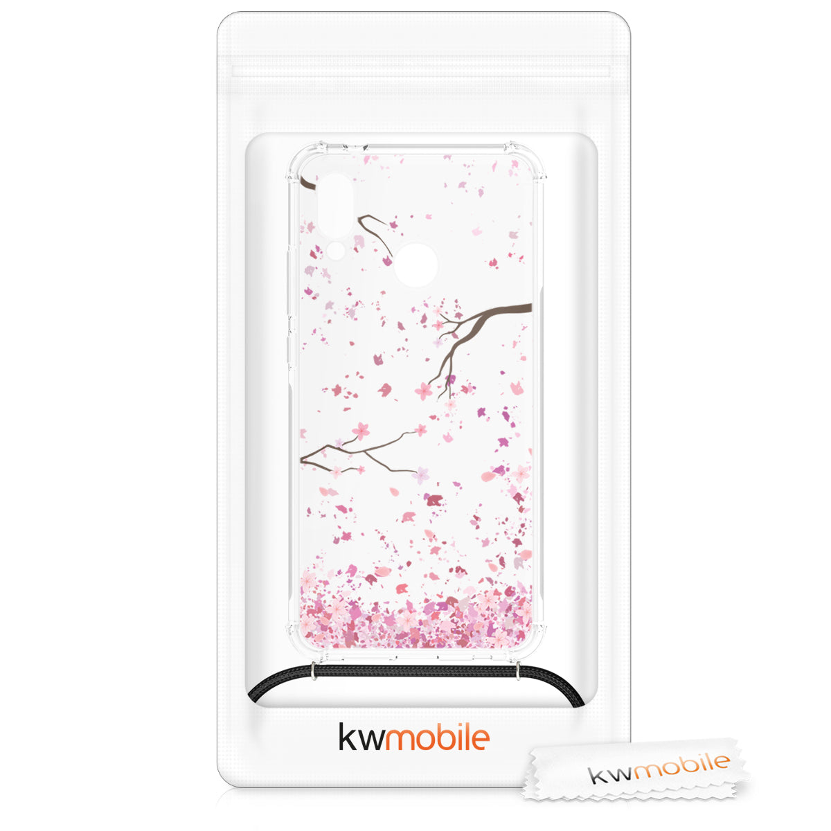 kwmobile Necklace Case compatible with Huawei P20 Lite Silicone Cover with Phone Chain Cherry Blossom Petals