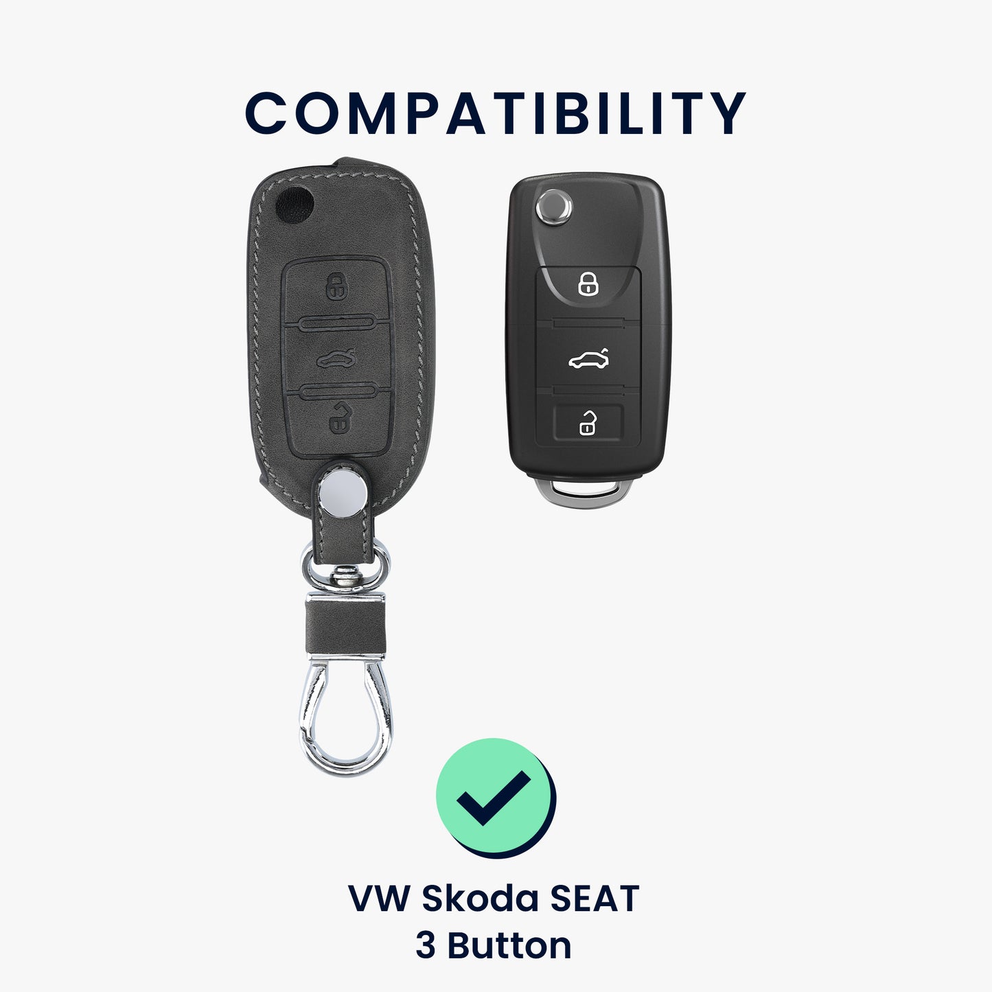 kwmobile Car Key Fob Cover compatible with VW Skoda Seat 3-button Car Key Fob Faux Leather Protective Case Key Shell Cover