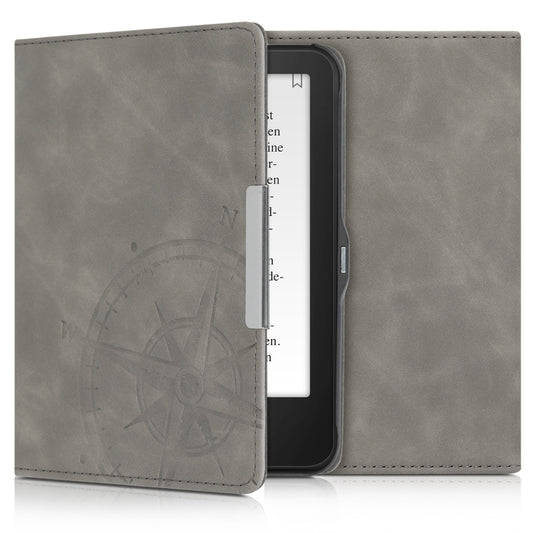 kwmobile Schutzhülle für Tolino Vision 1 / 2 / 3 / 4 HD Hülle - eReader Case aus Kunstleder mit Auto Sleep Funktion - Kompass Vintage mit Grau Grau  [dsg02]