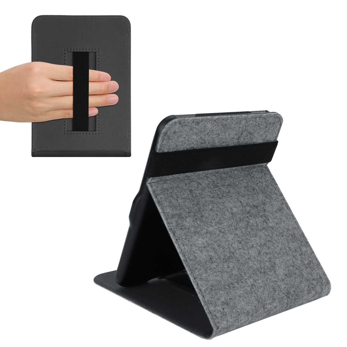 Tolino Vision 1 / 2 / 3 / 4 HD eReader Case with Strap and Stand Light Grey Felt