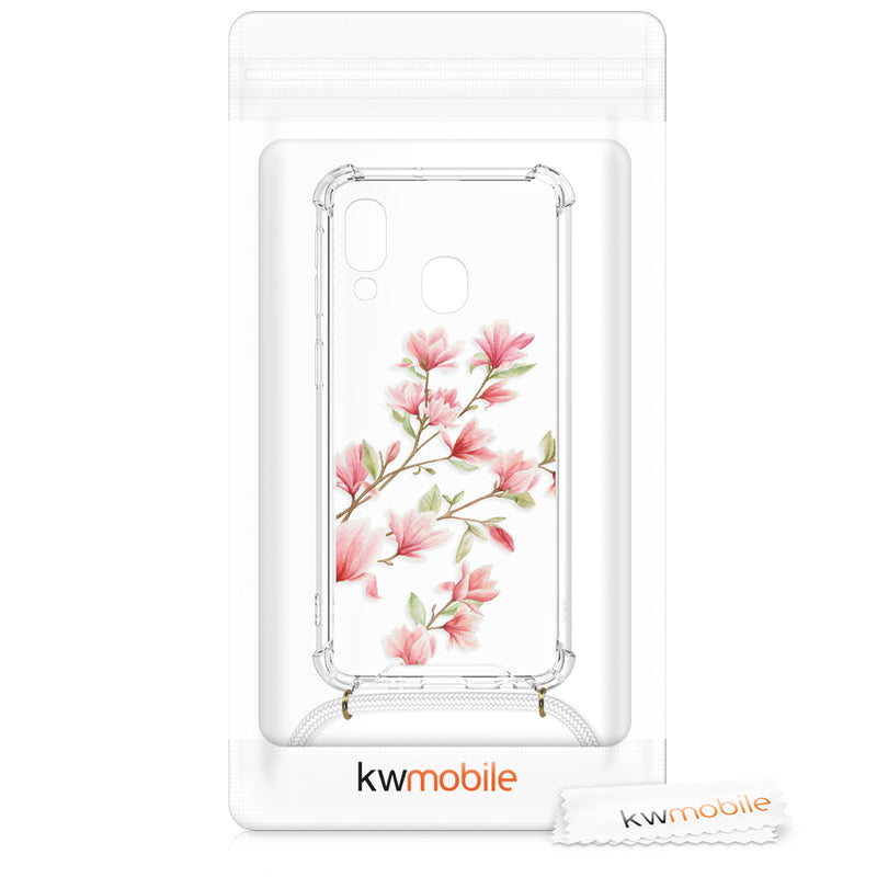 kwmobile Necklace Case compatible with Samsung Galaxy A40 - Silicone Cover with Phone Chain - Transparent Magnolias