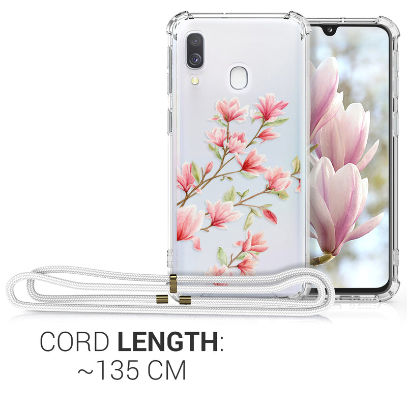 kwmobile Necklace Case compatible with Samsung Galaxy A40 - Silicone Cover with Phone Chain - Transparent Magnolias