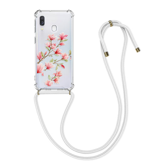 kwmobile Necklace Case compatible with Samsung Galaxy A40 - Silicone Cover with Phone Chain - Transparent Magnolias