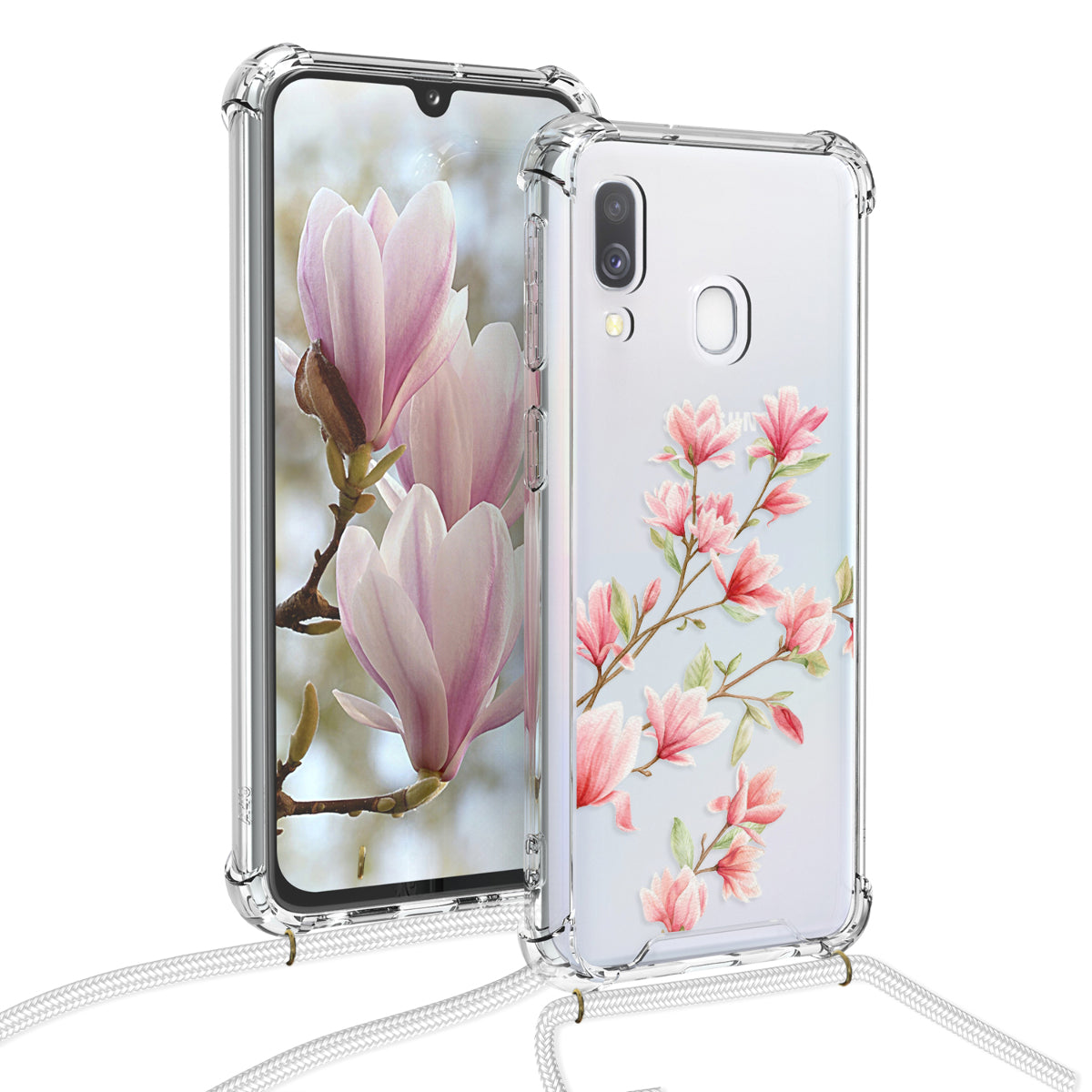 kwmobile Necklace Case compatible with Samsung Galaxy A40 - Silicone Cover with Phone Chain - Transparent Magnolias