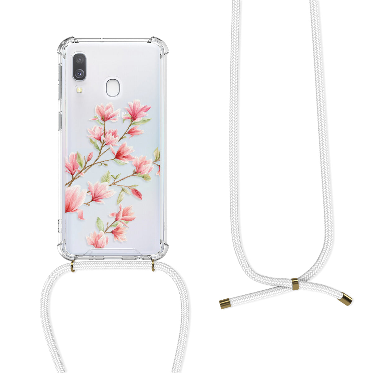 kwmobile Necklace Case compatible with Samsung Galaxy A40 - Silicone Cover with Phone Chain - Transparent Magnolias