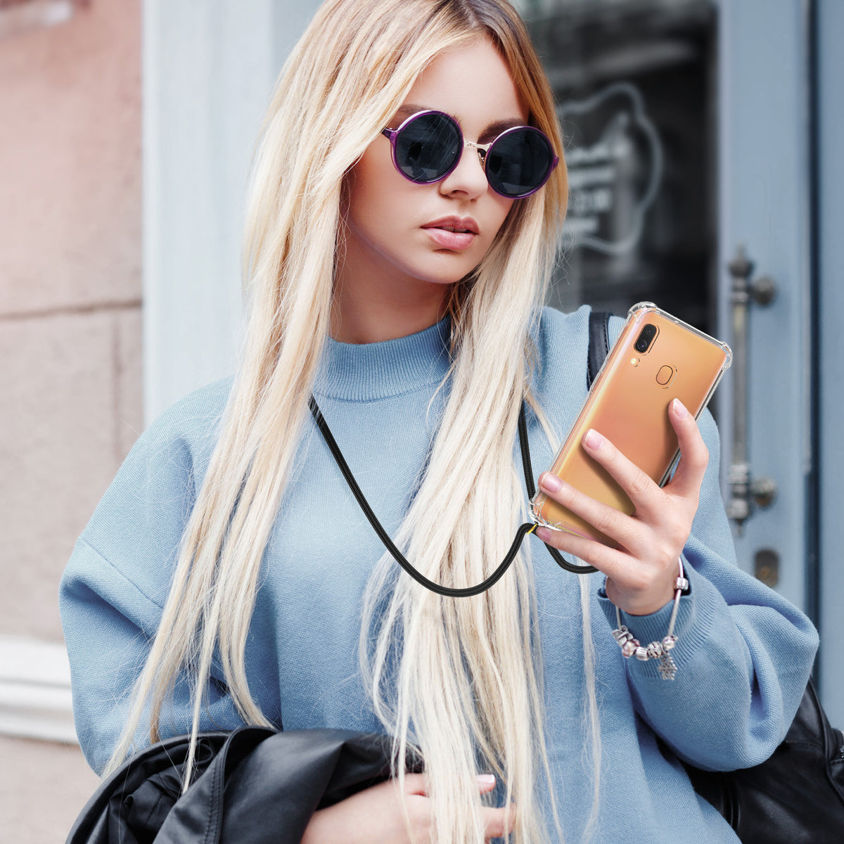 kwmobile Necklace Case compatible with Samsung Galaxy A40 - Silicone Cover with Phone Chain - Transparent Magnolias