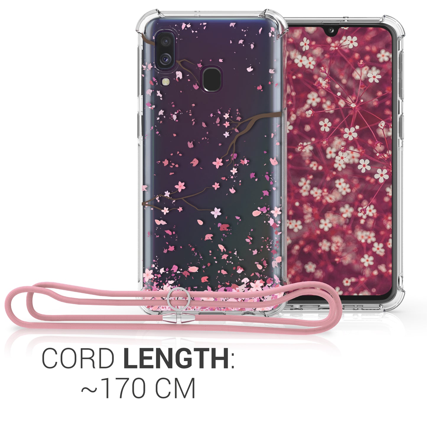kwmobile Necklace Case compatible with Samsung Galaxy A40 - Silicone Cover with Phone Chain - Transparent Magnolias