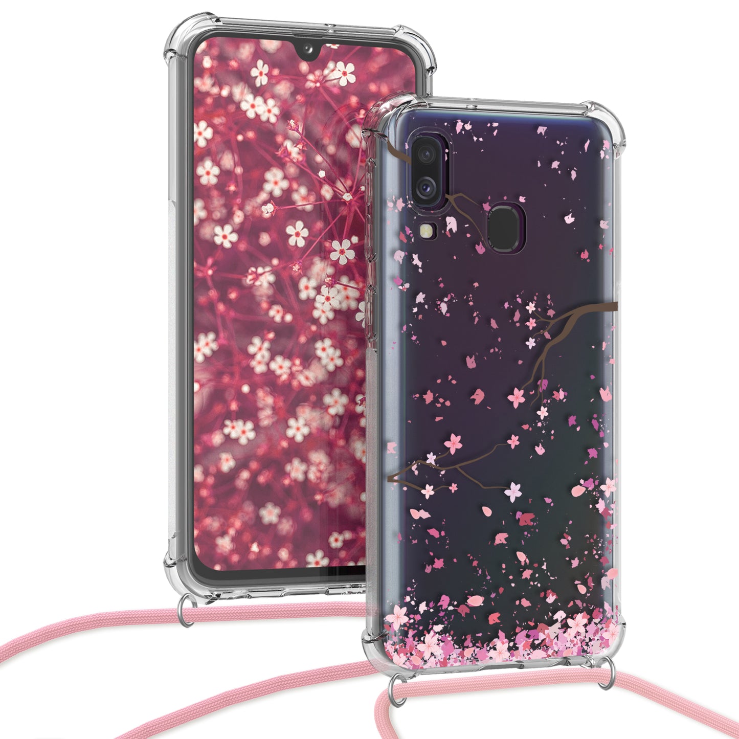 kwmobile Necklace Case compatible with Samsung Galaxy A40 - Silicone Cover with Phone Chain - Transparent Magnolias