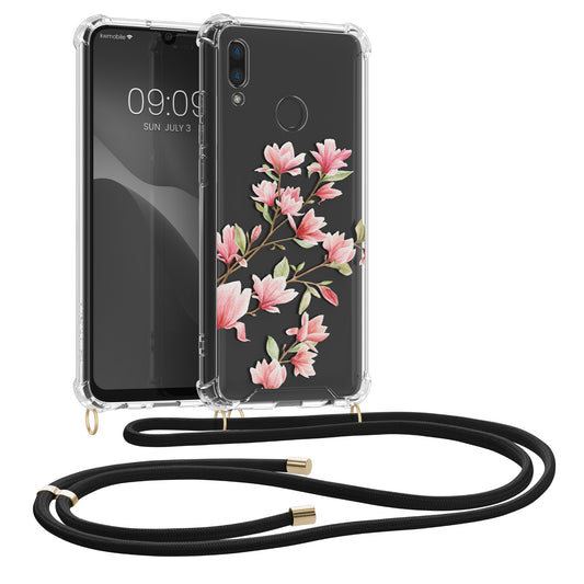 kwmobile Necklace Case compatible with Huawei P Smart (2019) Silicone Cover with Lanyard Transparent Magnolias