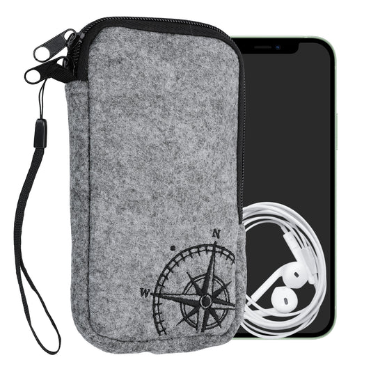 kwmobile Handytasche für Smartphones L - 6,5" - Handy Filztasche - Kompass Vintage Schwarz Hellgrau - 16,5 x 8,9 cm Innenmaße Schwarz L [dsg02]