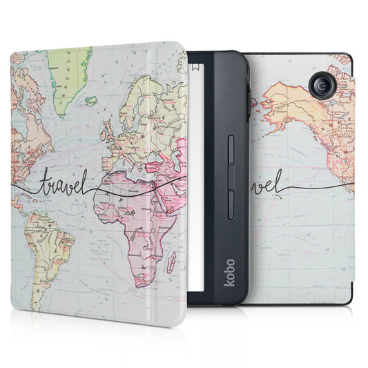 kwmobile Protective Case for Kobo Libra H2O - eReader Flip Case with Auto Sleep Function - Travel Lettering in Multicolour