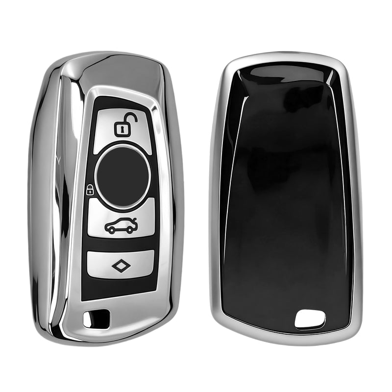 BMW 3-Button Remote (Keyless Go only) Silicone Car Key Cover Glossy Silver and Black