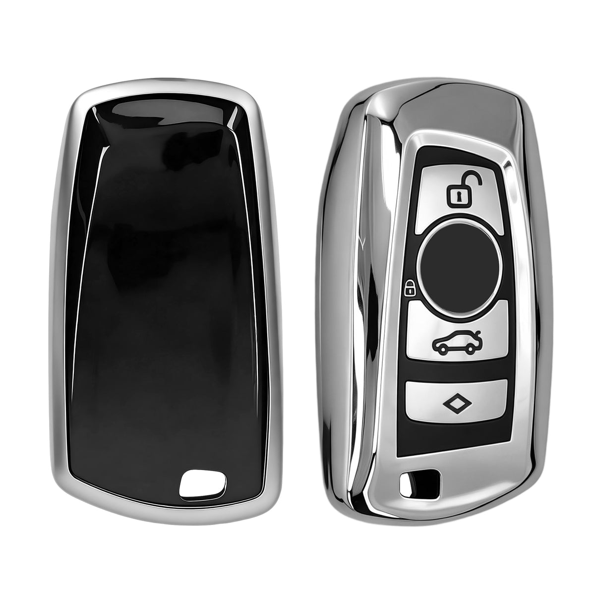 BMW 3-Button Remote (Keyless Go only) Silicone Car Key Cover Glossy Silver and Black
