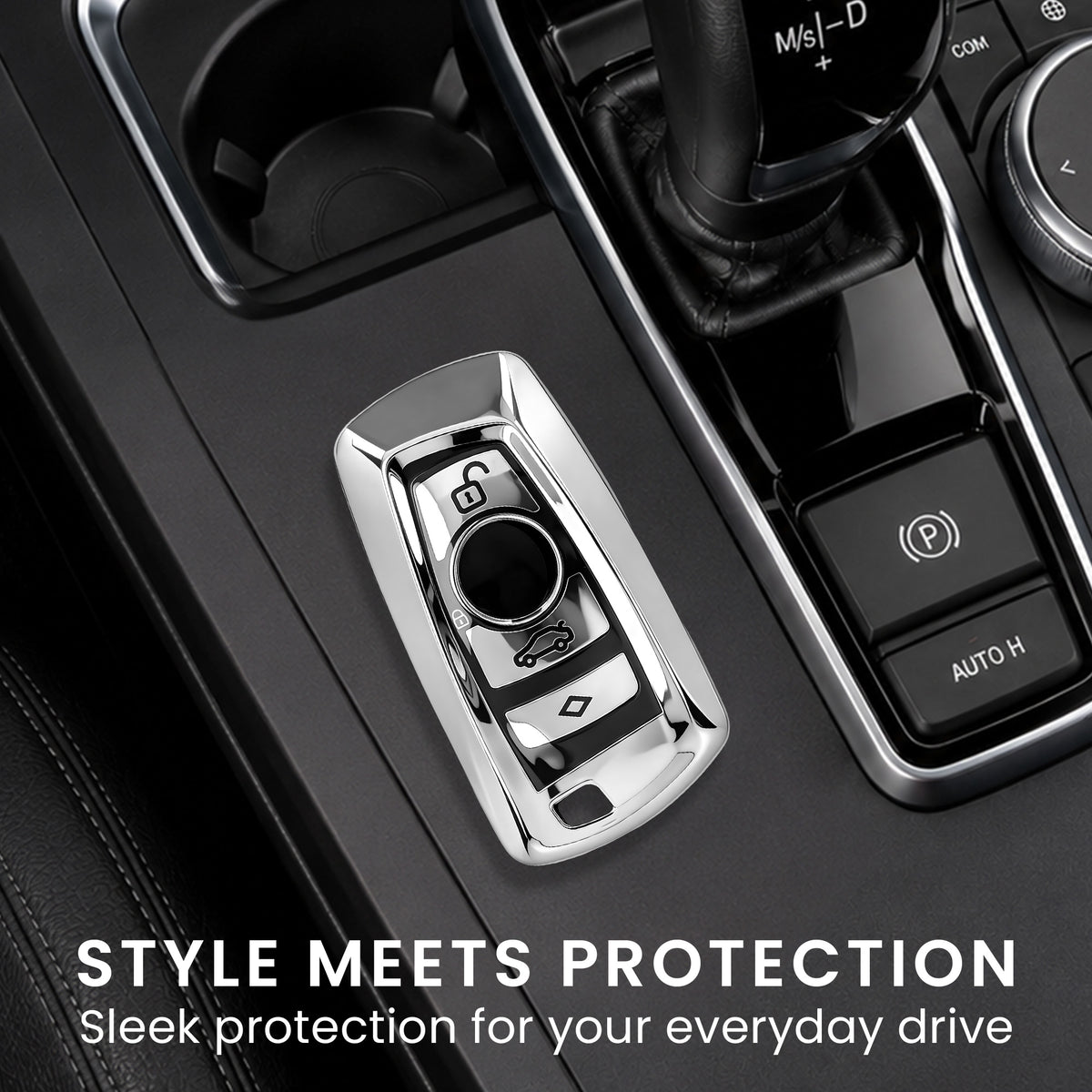 BMW 3-Button Remote (Keyless Go only) Silicone Car Key Cover Glossy Silver and Black