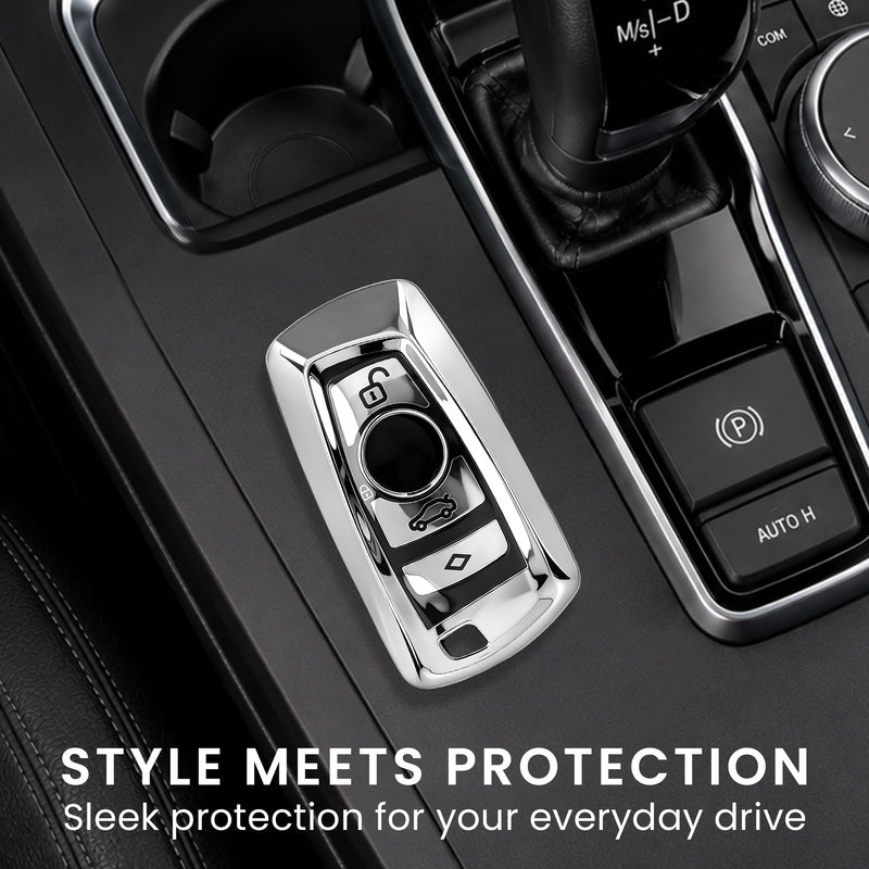 BMW 3-Button Remote (Keyless Go only) Silicone Car Key Cover Glossy Silver and Black