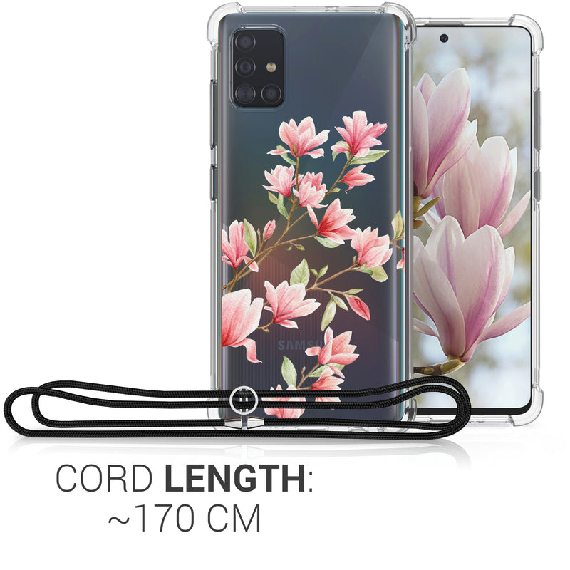 kwmobile Necklace Case Compatible with Samsung Galaxy A51 Silicone Cover with Lanyard Transparent Magnolias