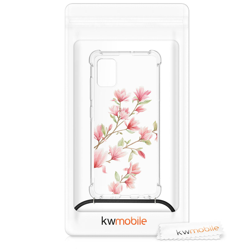 kwmobile Necklace Case Compatible with Samsung Galaxy A51 Silicone Cover with Lanyard Transparent Magnolias