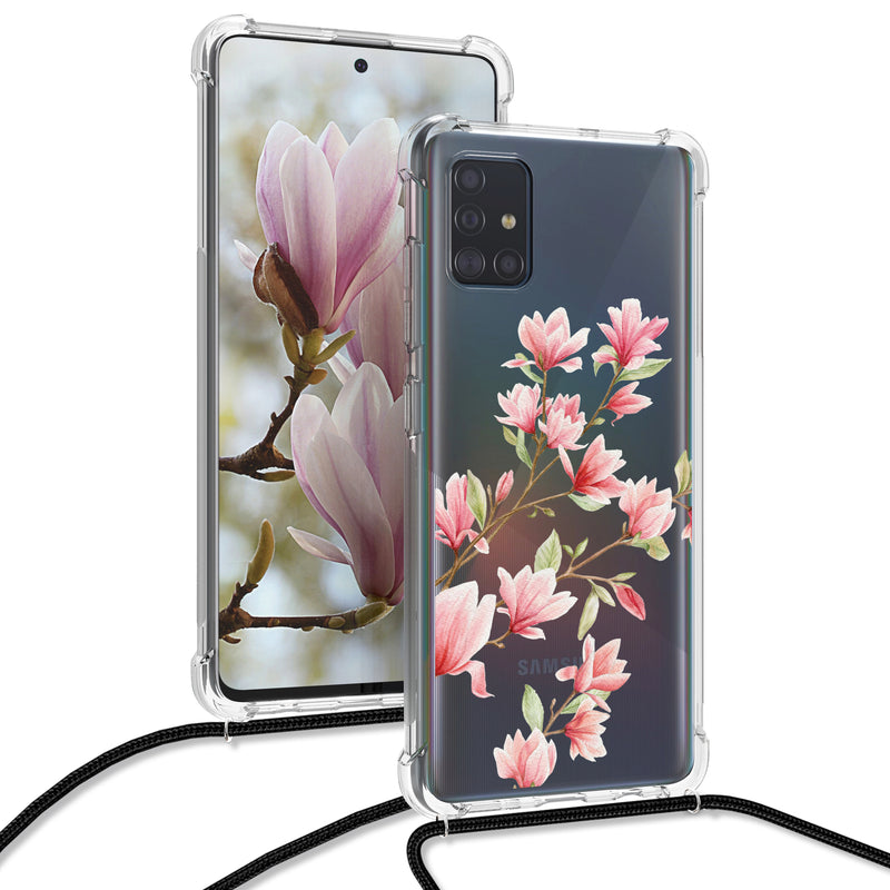kwmobile Necklace Case Compatible with Samsung Galaxy A51 Silicone Cover with Lanyard Transparent Magnolias