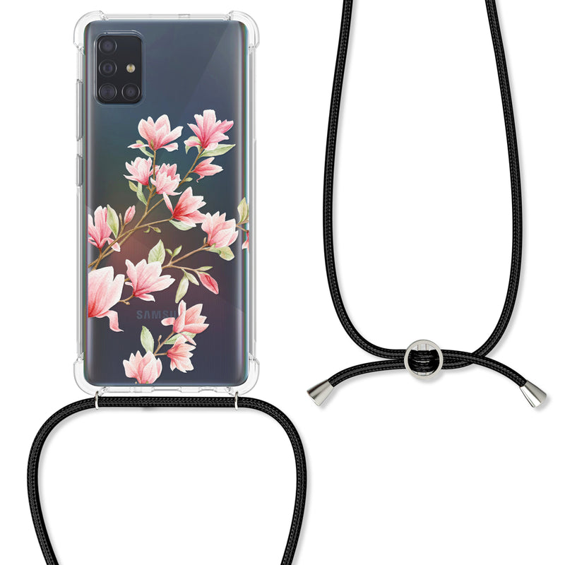 kwmobile Necklace Case Compatible with Samsung Galaxy A51 Silicone Cover with Lanyard Transparent Magnolias