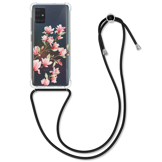 kwmobile Necklace Case Compatible with Samsung Galaxy A51 Silicone Cover with Lanyard Transparent Magnolias