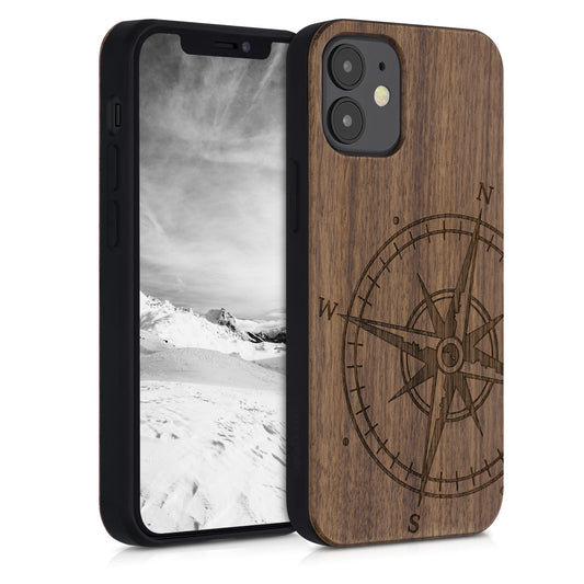 kwmobile Handyhülle für Apple iPhone 12 mini Hülle Holz - Case mit TPU Bumper - Stoßfestes Hardcase - Schutzhülle Cover in Dunkelbraun Dunkelbraun  [dsg01]
