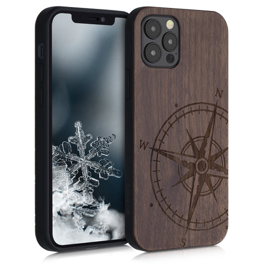 kwmobile Handyhülle für Apple iPhone 12 / iPhone 12 Pro Hülle Holz - Case mit TPU Bumper - Stoßfestes Hardcase - Schutzhülle Cover in Dunkelbraun Dunkelbraun  [dsg01]