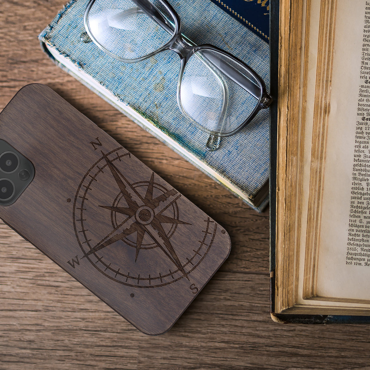 iPhone 12 / iPhone 12 Pro Shockproof Hard Case with TPU Bumper Wooden Compass