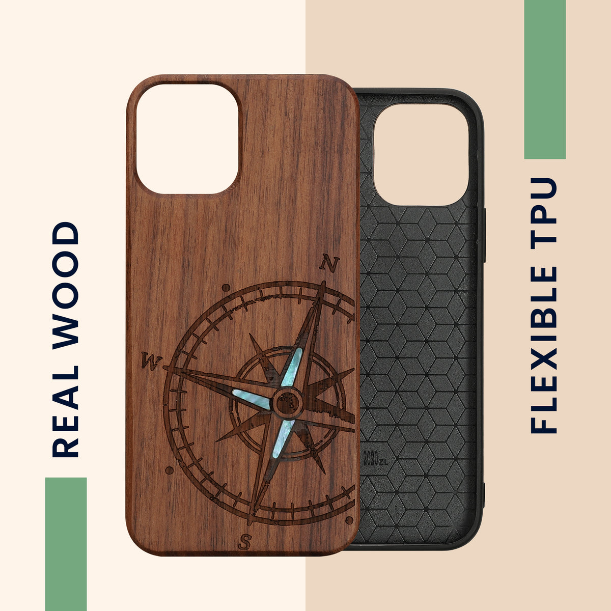iPhone 12 / iPhone 12 Pro Shockproof Hard Case with TPU Bumper Wooden Compass