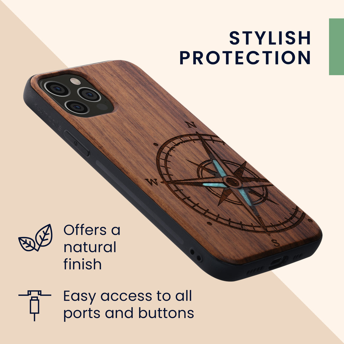 iPhone 12 / iPhone 12 Pro Shockproof Hard Case with TPU Bumper Wooden Compass