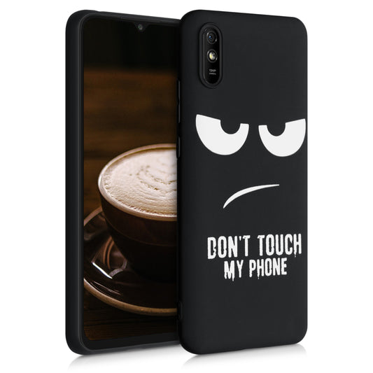kwmobile Hülle kompatibel mit Xiaomi Redmi 9A / 9AT - Handyhülle Silikon Case - Don't touch my Phone Weiß Schwarz Weiß  [dsg01]