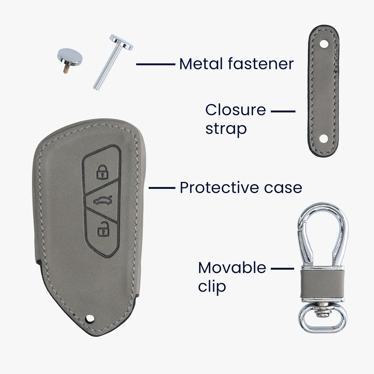 Faux Leather Car Key Cover for VW Golf 8 3-Button Grey