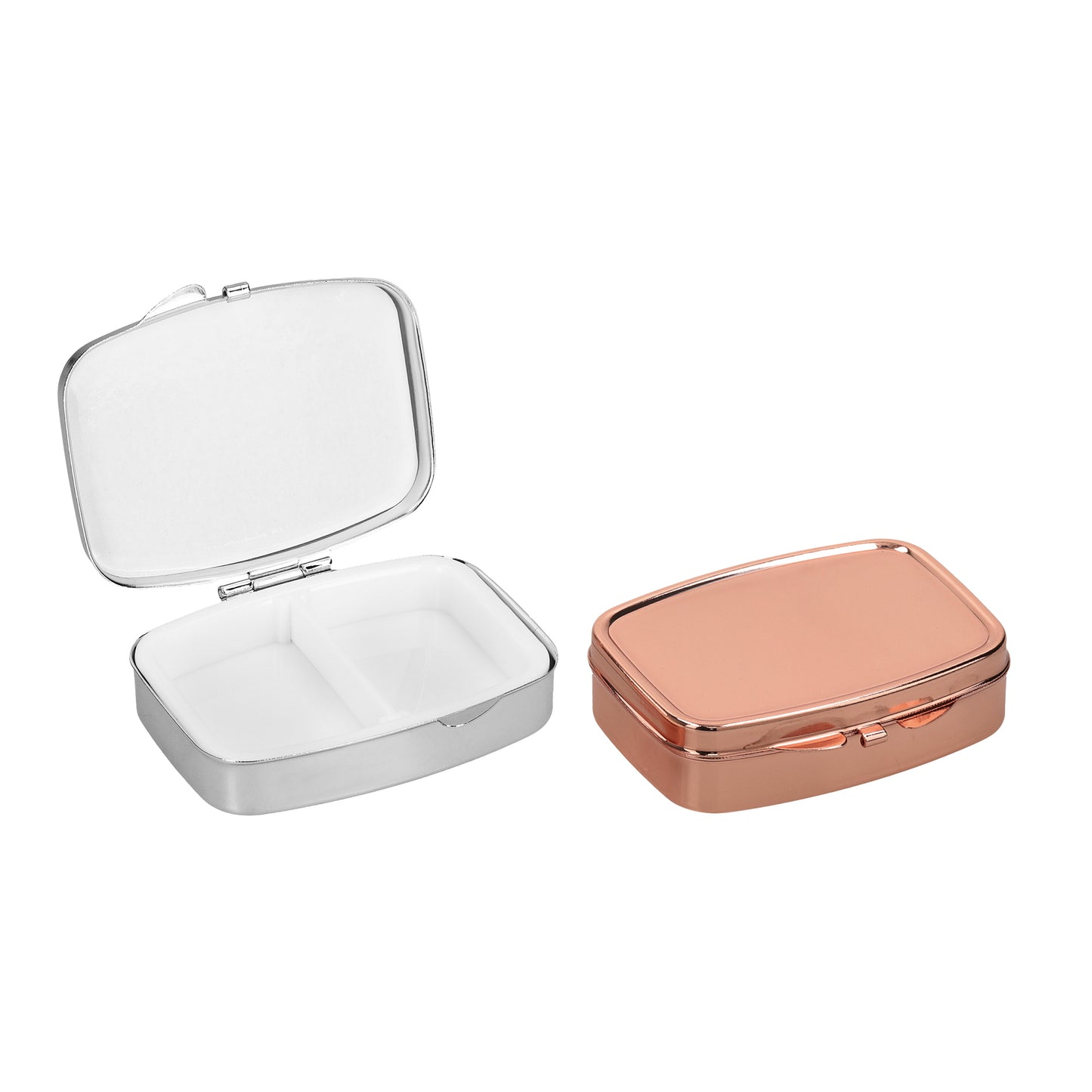kwmobile 2x Edelstahl Tablettenbox mit 2 Fächern - 5,5 x 4 x 1,5cm - Pillendose klein Tablettendose - Tragbare Pillenbox Metall Medikamentenbox Dose in Silber Rosegold Silber  [dsg08]