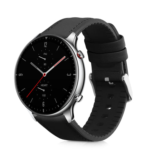 kwmobile Leder Uhrenarmband für Huami Amzfit GTR (47mm) / GTR 2 / GTR 3 / GTR 4 Armband - Ersatzarmband für Fitnesstracker mit Uhrenverschluss - Wechselarmband Smartwatch - Schwarz Schwarz  