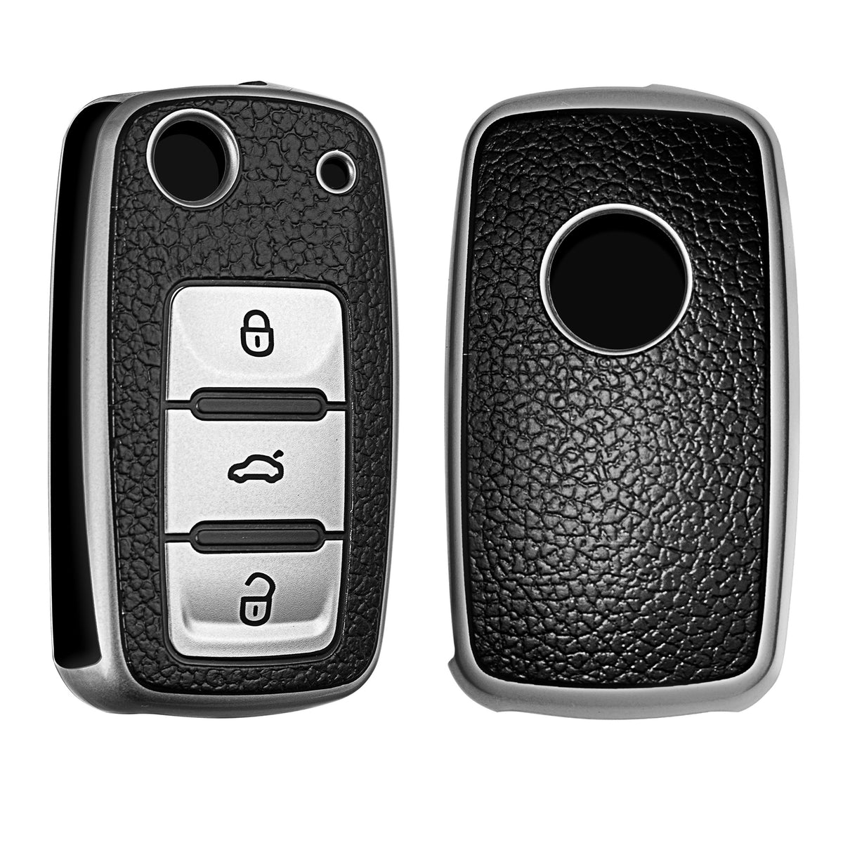 VW Skoda Seat 3-Button TPU Car Key Cover Black Silver Leather Look