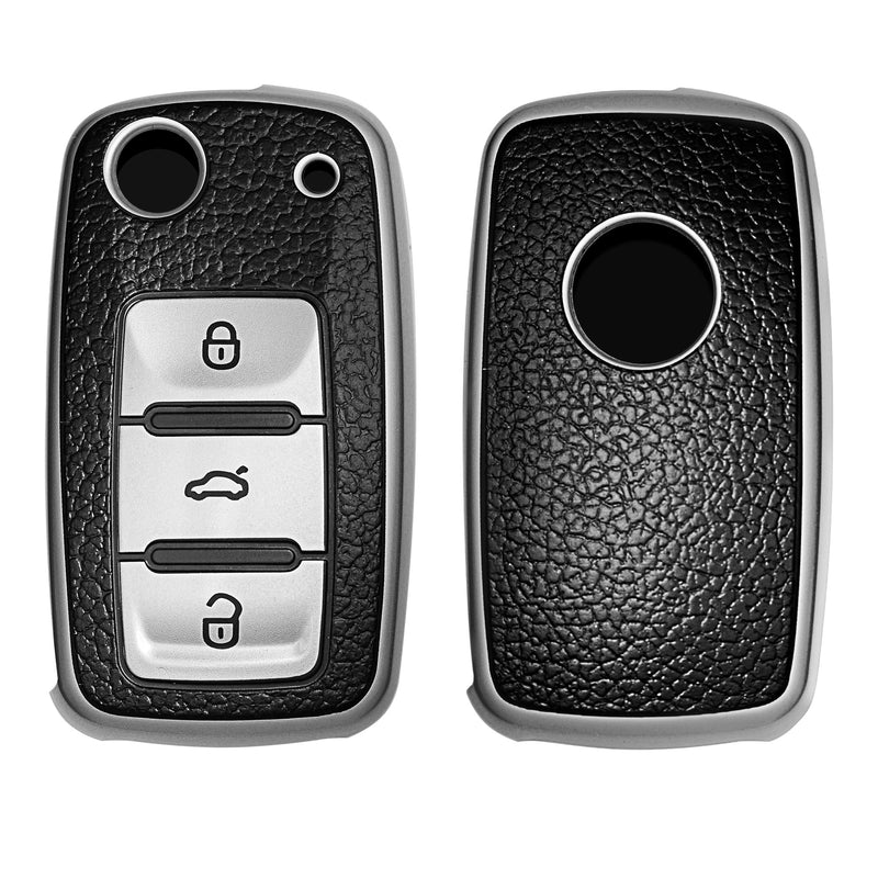 VW Skoda Seat 3-Button TPU Car Key Cover Black Silver Leather Look