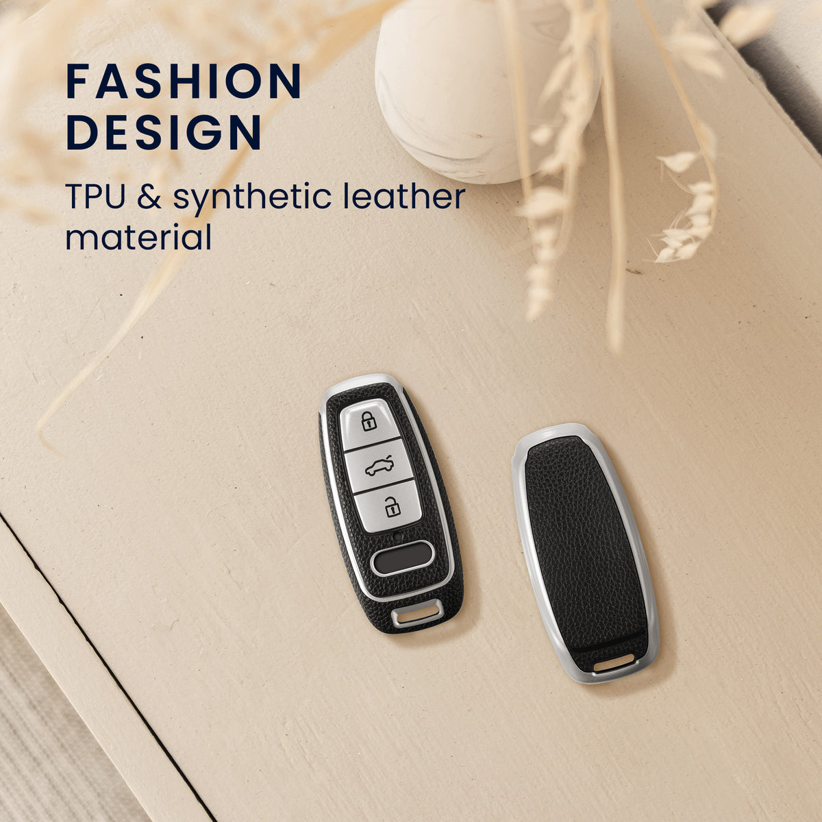TPU Car Key Cover for Audi A6 A7 A8 Q7 Q8 3-Button Keyless Black and Silver Leather Look