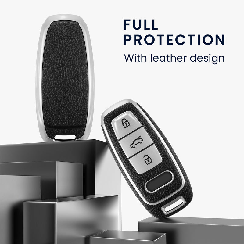 TPU Car Key Cover for Audi A6 A7 A8 Q7 Q8 3-Button Keyless Black and Silver Leather Look