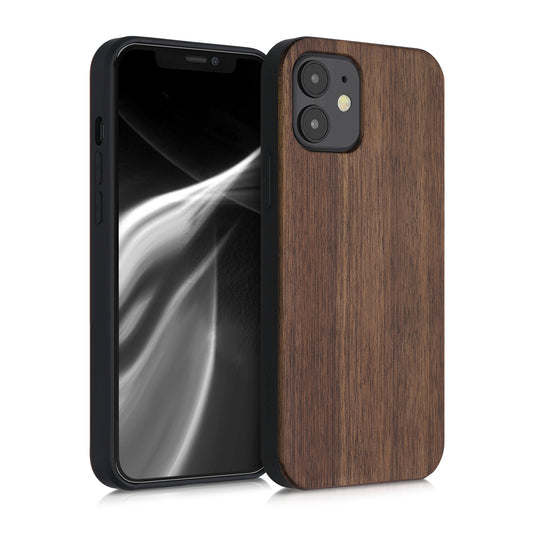 kwmobile Handyhülle für Apple iPhone 12 / iPhone 12 Pro Hülle Holz - Case mit TPU Bumper - Stoßfestes Hardcase - Schutzhülle Cover in Dunkelbraun Dunkelbraun  
